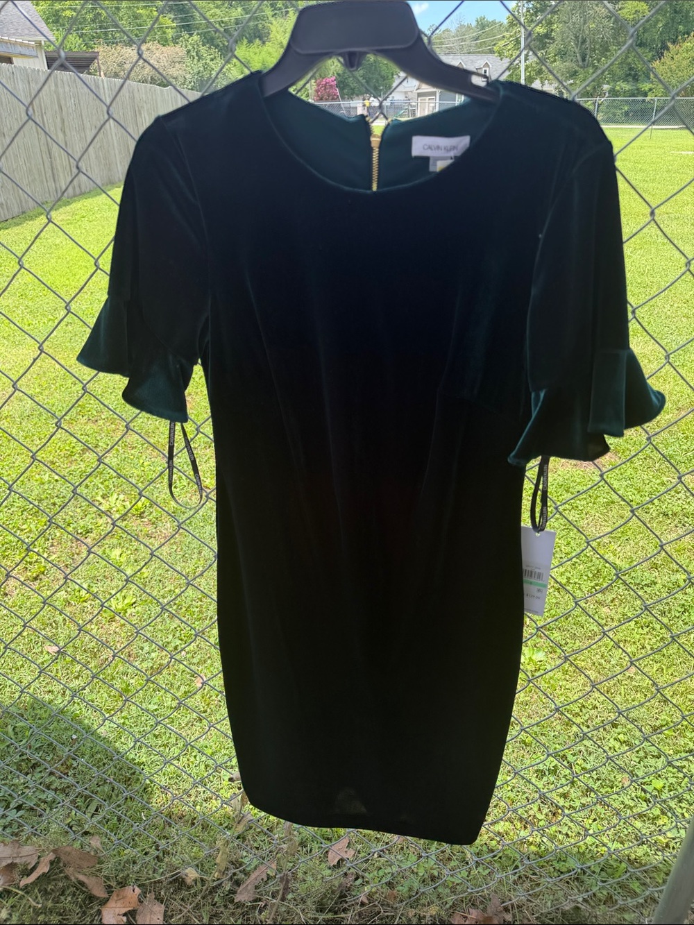 Calvin Klein Dark Green Velvet Ruffle Sleeve Mini Dress